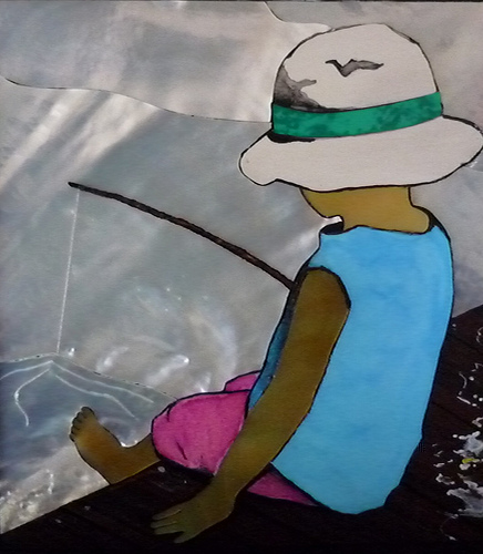 boy by water, hot summer's day inlay art